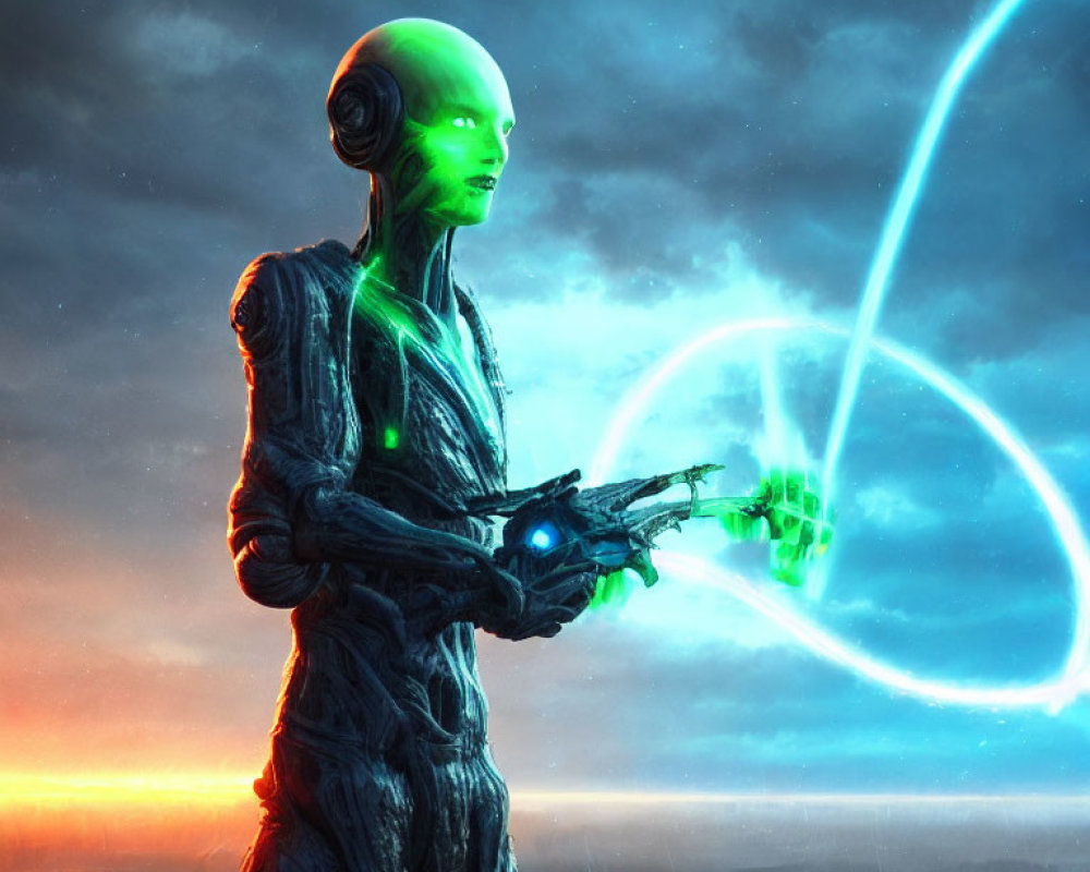 Green-skinned alien in futuristic armor holding glowing orb with blue energy vortex and cityscape at dusk