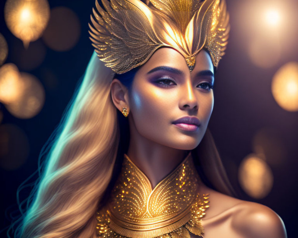 Woman in golden headdress and jewelry in mystical setting.