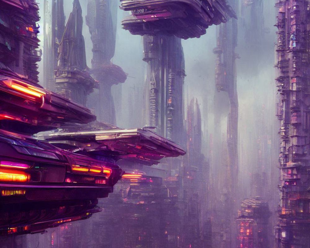 Futuristic cityscape with towering skyscrapers and flying vehicles in purple haze