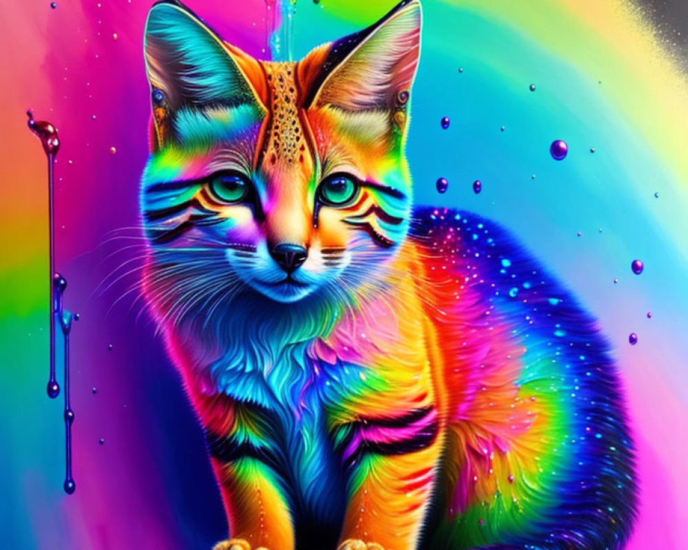 Colorful digital artwork featuring a rainbow cat with paint splashes