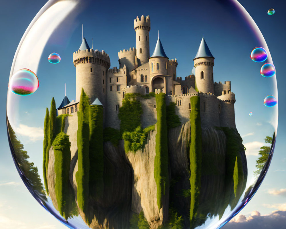 Fantastical castle on floating island in shiny bubble under clear sky