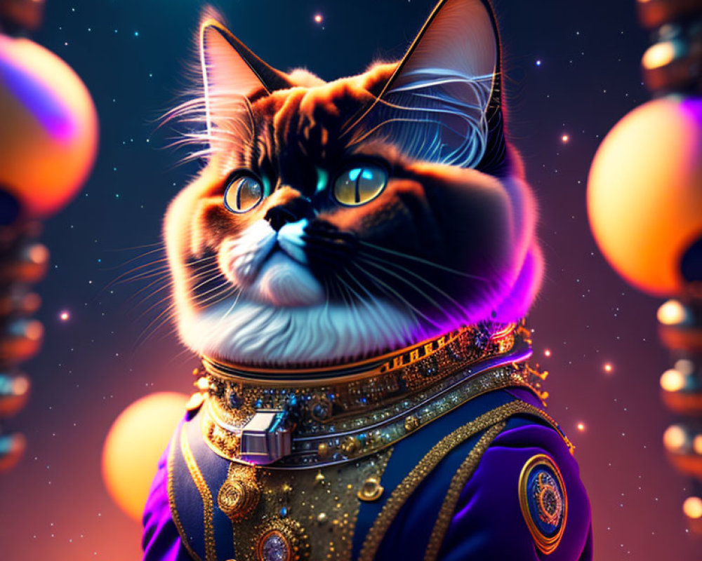 Regal cat in royal attire against cosmic background