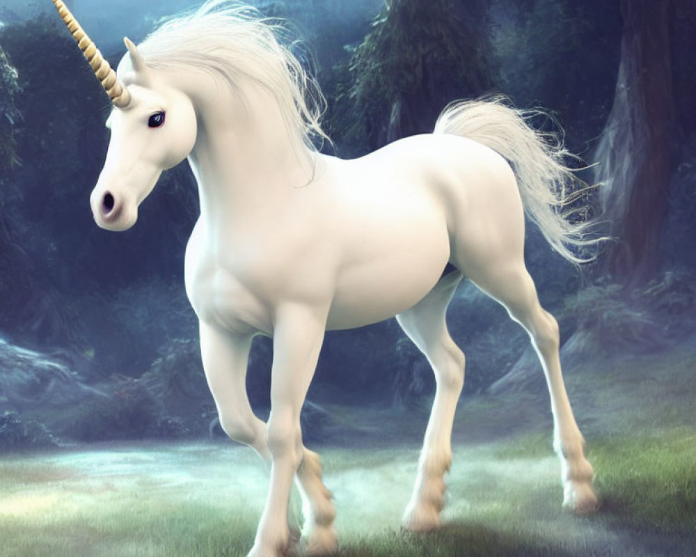 White Unicorn with Spiraled Horn in Mystical Forest Glade