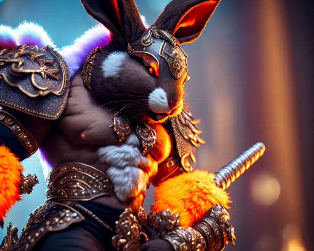 Warrior rabbit in armor holding orange staff with mystical backdrop