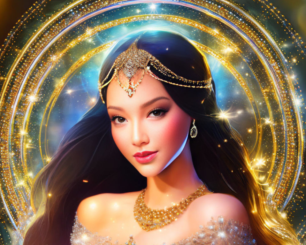 Illustration of woman with long hair in gold jewelry on mystical golden backdrop