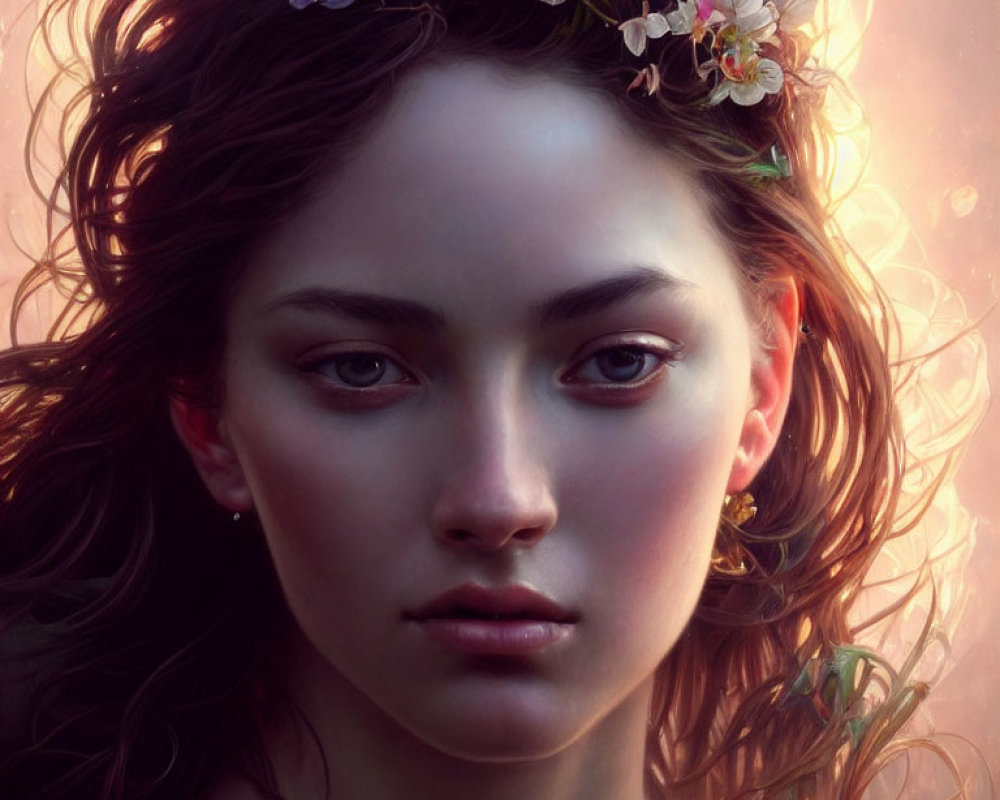 Digital portrait of woman with wavy red hair and flower crown in serene ambiance