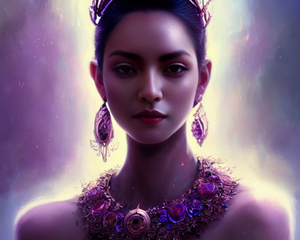 Regal Woman Wearing Crown and Ornate Jewelry in Mystical Purple Aura