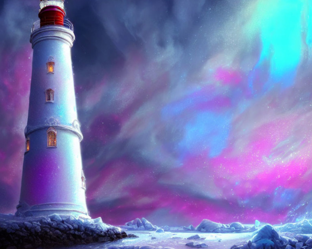 Lighthouse with lights on in aurora borealis night sky