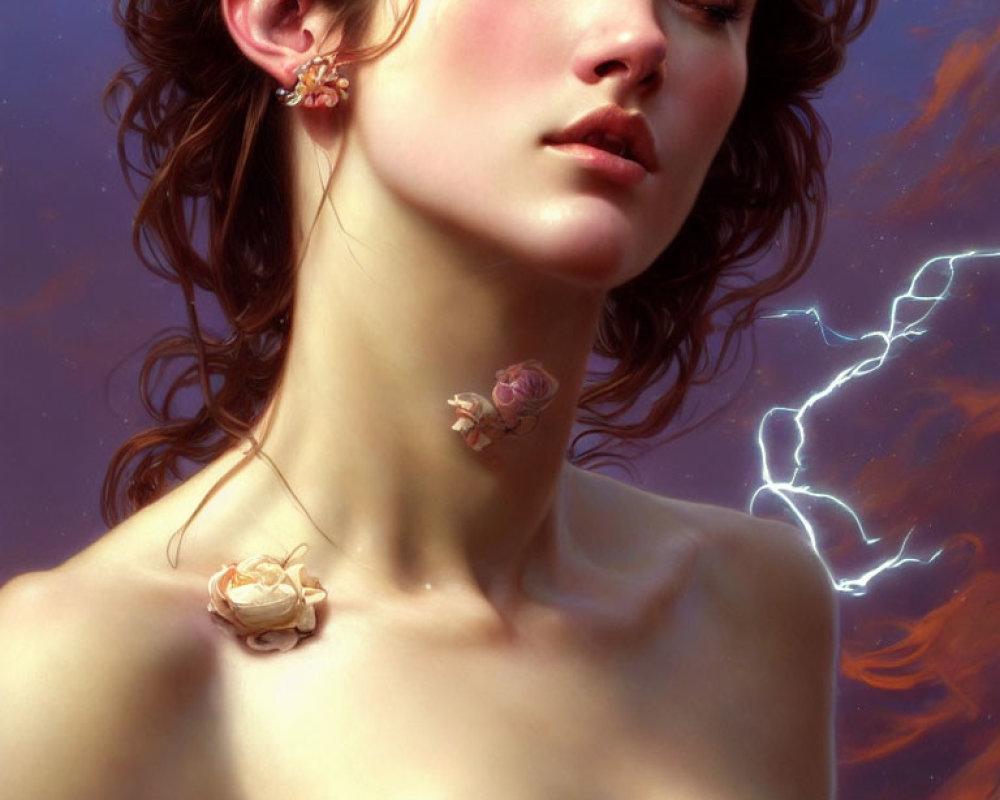 Serene woman portrait with flower earrings in stormy backdrop