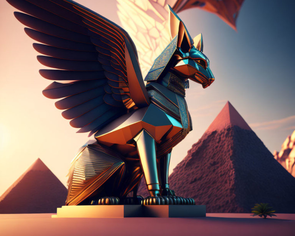 Futuristic Anubis statue with wings in desert landscape