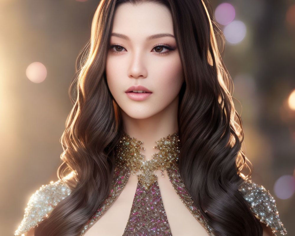 Portrait of Woman with Long Wavy Hair in Glittery Dress