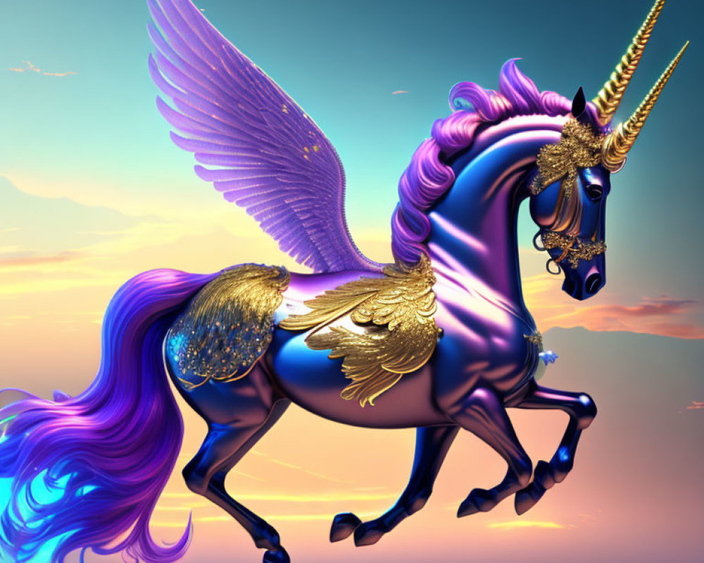 Majestic purple unicorn with golden wings and horn trotting in twilight sky