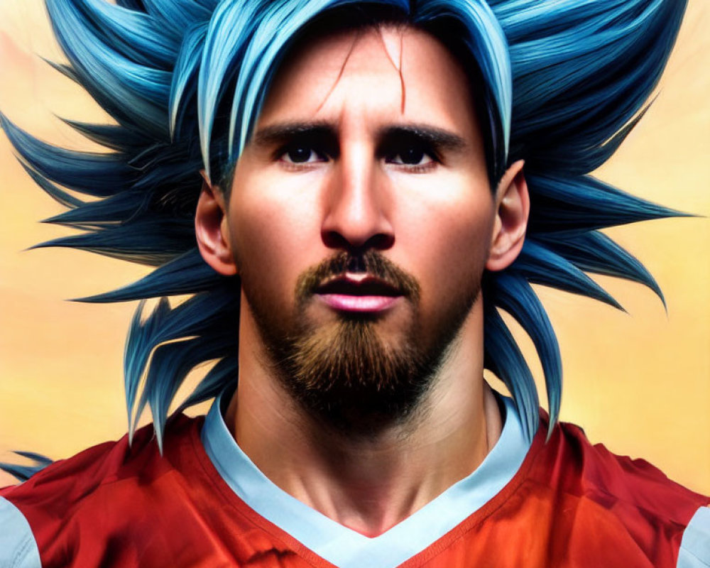 Man with beard and soccer jersey merged with spiky blue hair in edited image