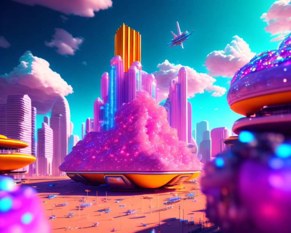 Colorful futuristic cityscape with neon buildings, pink mountain, flying vehicles, and whimsical architecture at