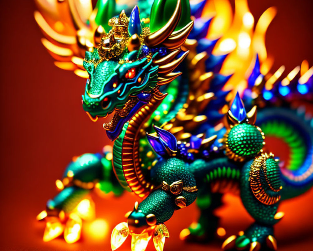 Colorful Dragon Figurine with Gold Accents on Red Background