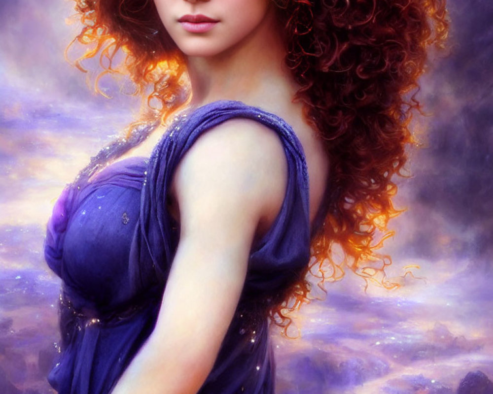 Voluminous Curly Red Hair Woman in Purple Draped Dress