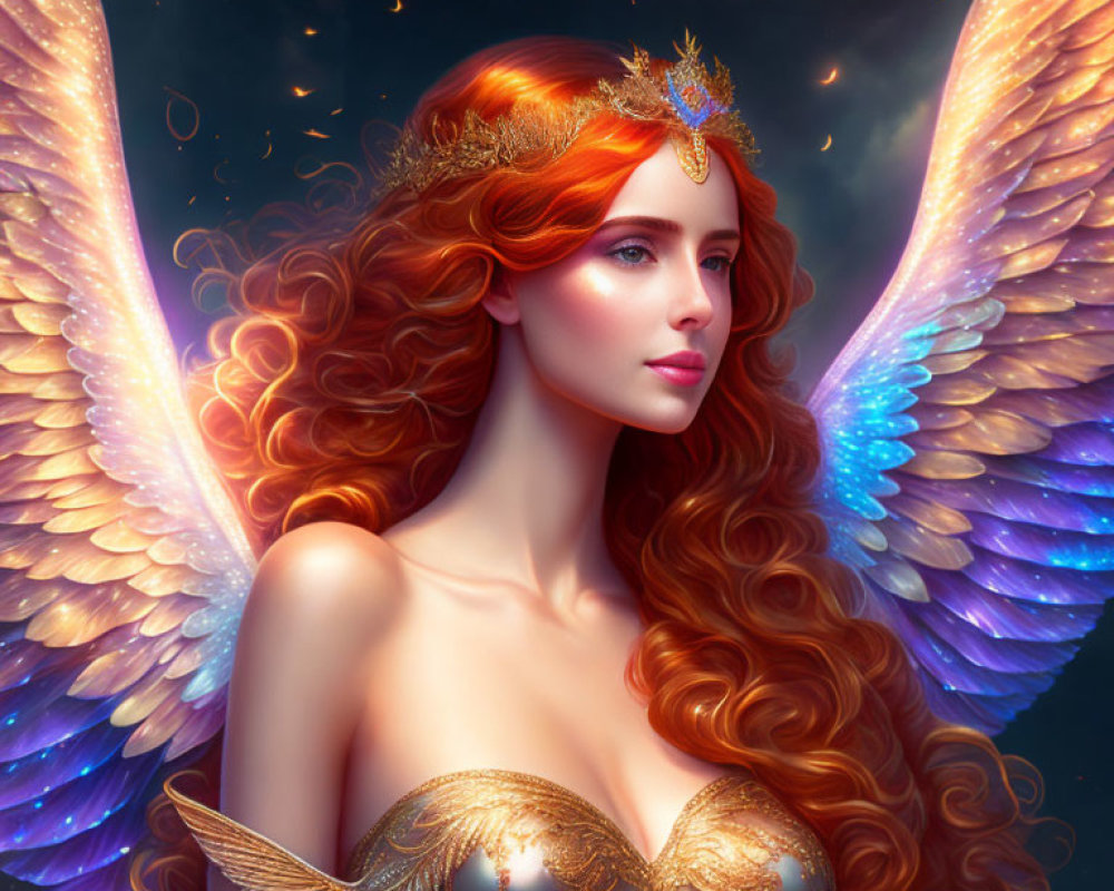 Digital artwork featuring woman with fiery red hair, golden tiara, and multi-colored wings