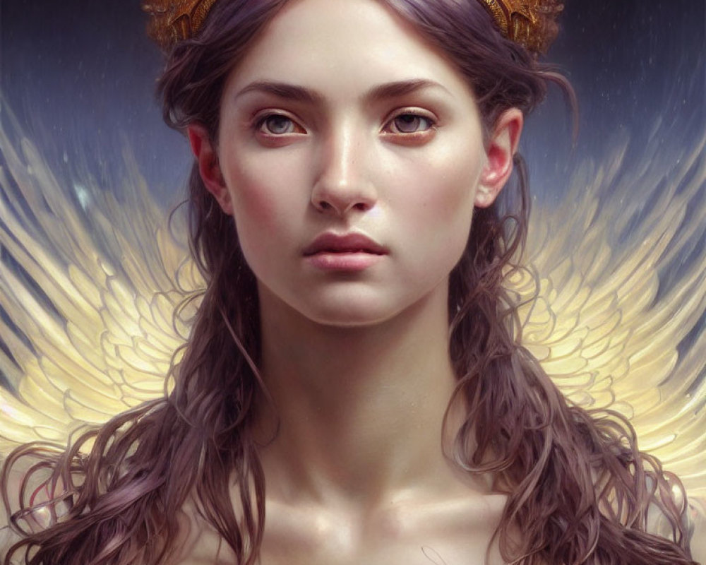 Digital artwork: Woman with golden crown and glowing wings, emanating majestic aura