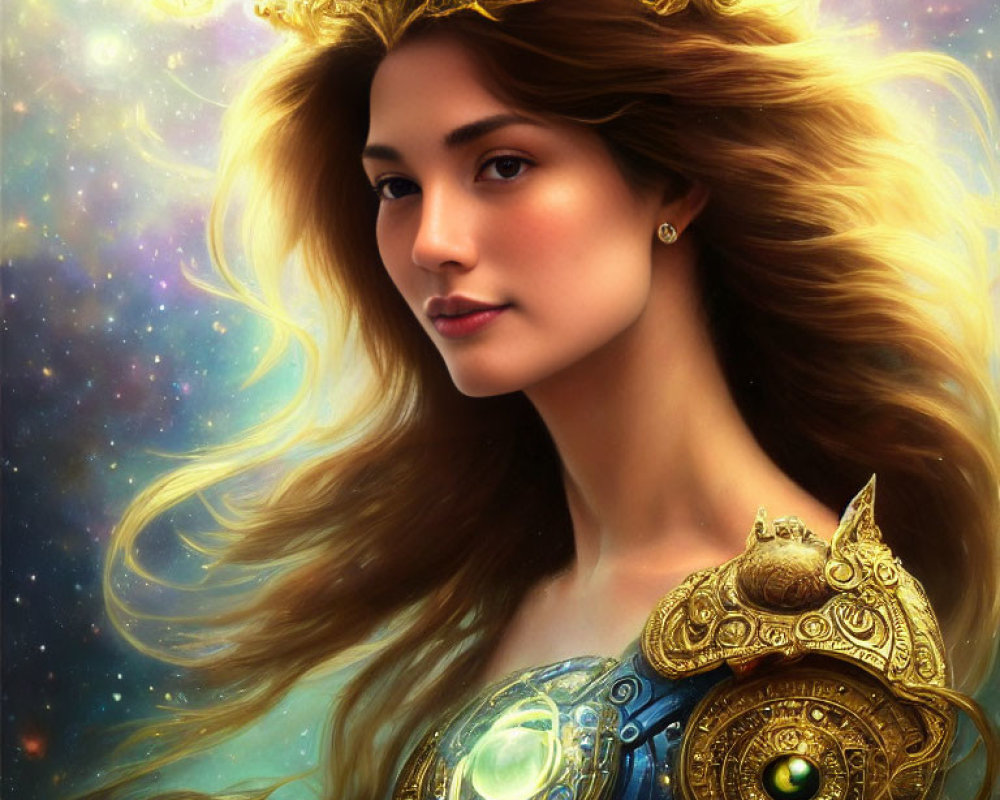 Woman in Golden Crown and Armor on Cosmic Background