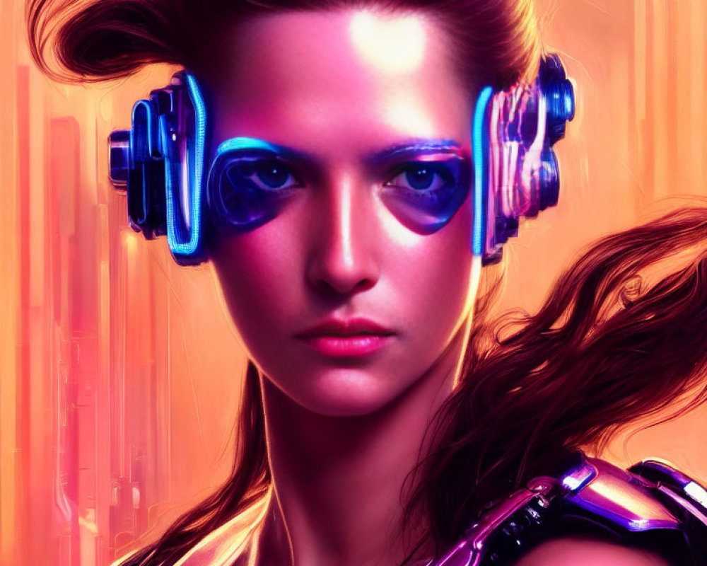 Futuristic digital artwork: Woman with cybernetic eyes in pink background