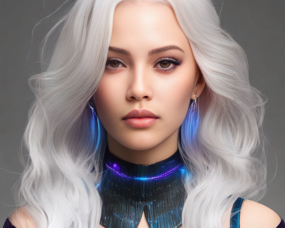 Striking White-Haired Woman in Futuristic Outfit with Blue Earrings