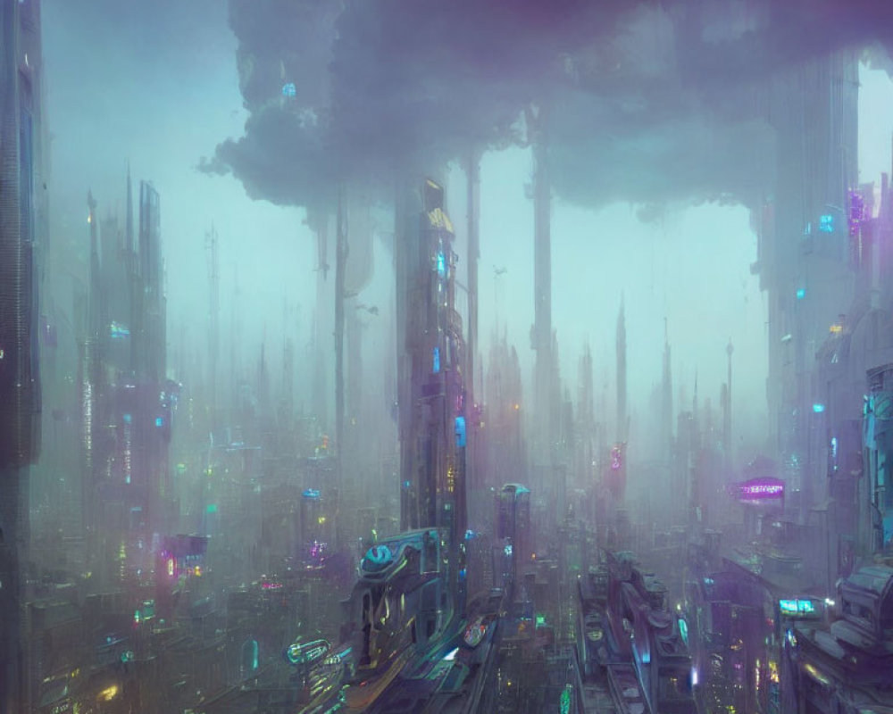 Futuristic Cityscape with Skyscrapers and Neon Lights