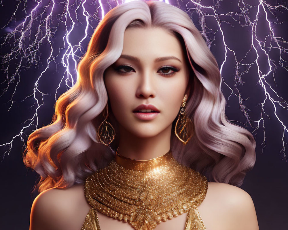 Digital portrait of woman with silver hair, gold jewelry, lightning backdrop