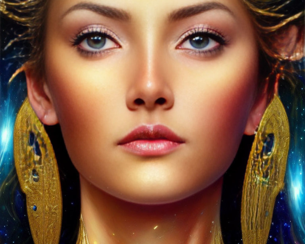 Golden Earrings Woman in Cosmic Setting: Ethereal Beauty & Celestial Theme