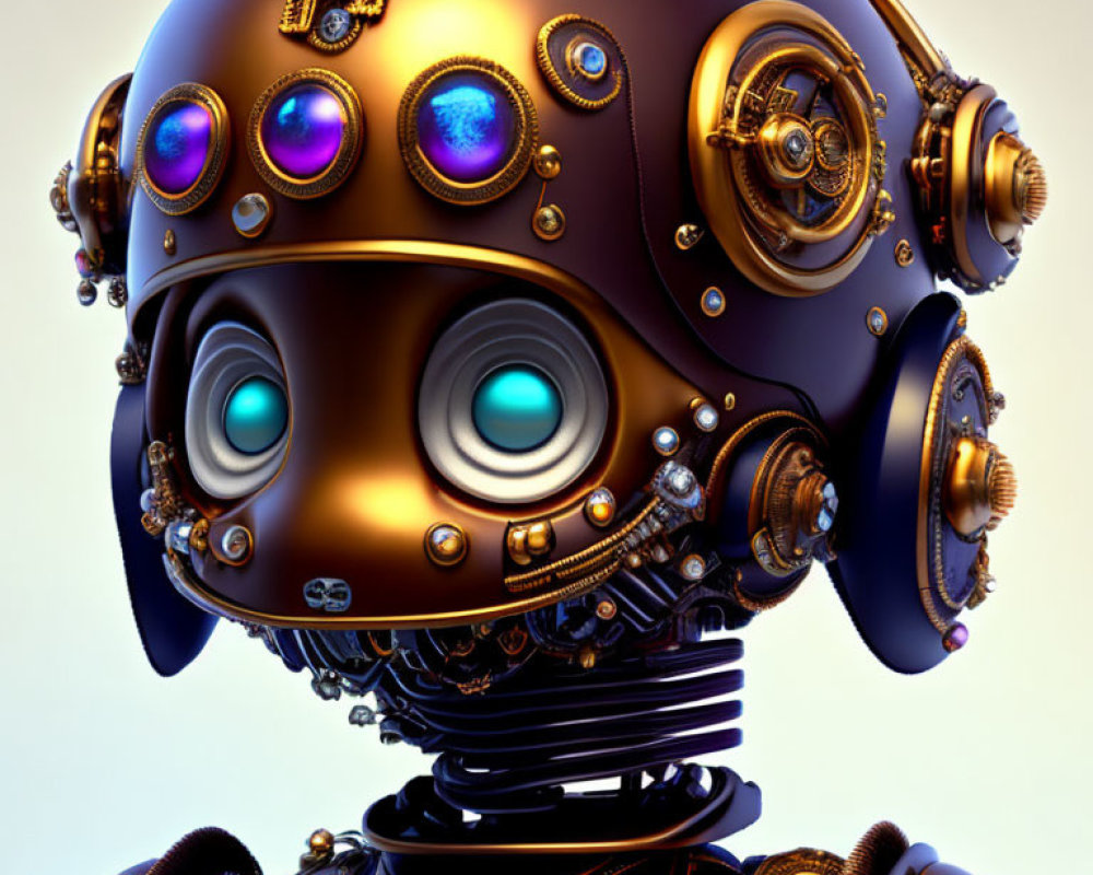 Stylized ornate steampunk robot with bronze head & glowing blue eyes