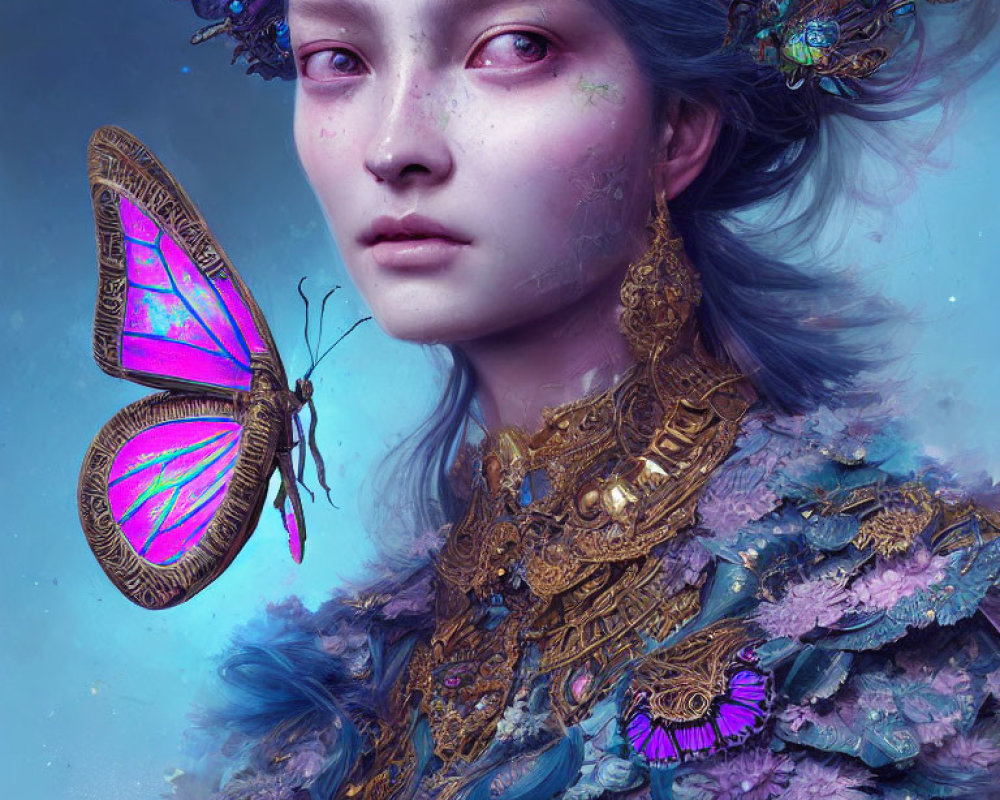 Ethereal portrait of woman with blue hair and gold accessories amid butterflies