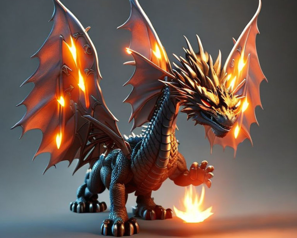 Fiery-winged dragon with glowing edges and spiky tail on dusky background