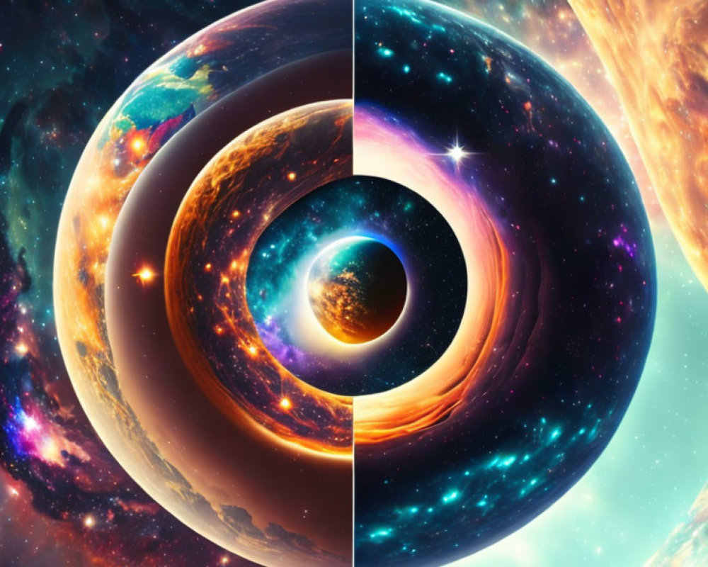 Split universe with outer space and swirling planets.