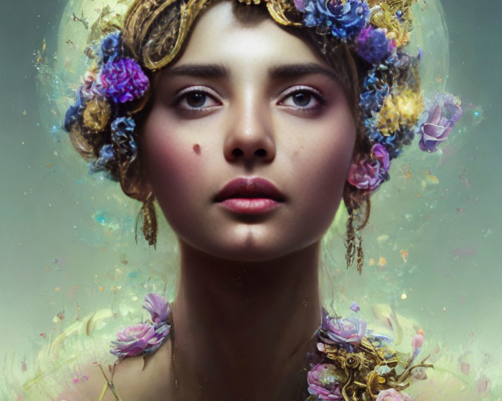 Young Woman Portrait with Floral and Golden Headpiece and Ethereal Light