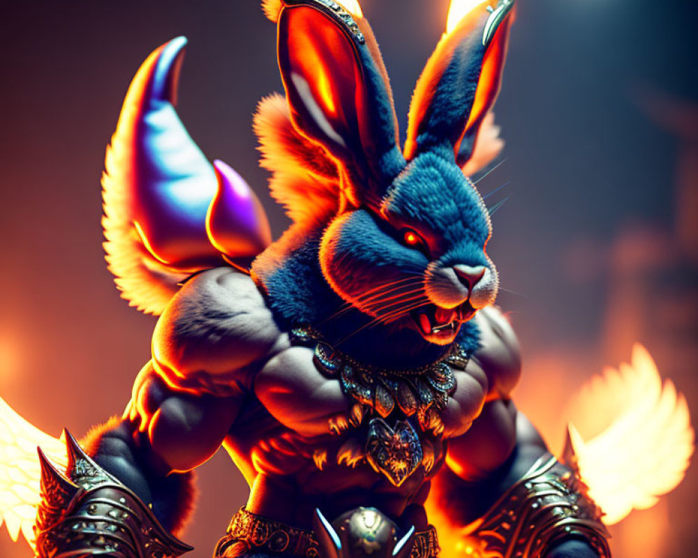 Anthropomorphic warrior rabbit with glowing edges, spear, armor, headband.