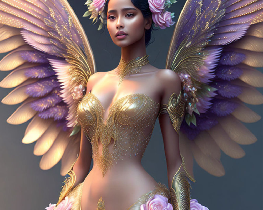 Digital artwork: Woman with angel wings in golden bodice and headdress with pink roses