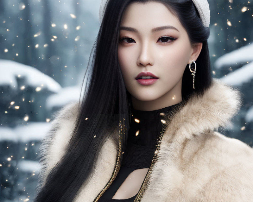 Dark-haired woman in fur coat with elegant makeup and earrings in snowy setting