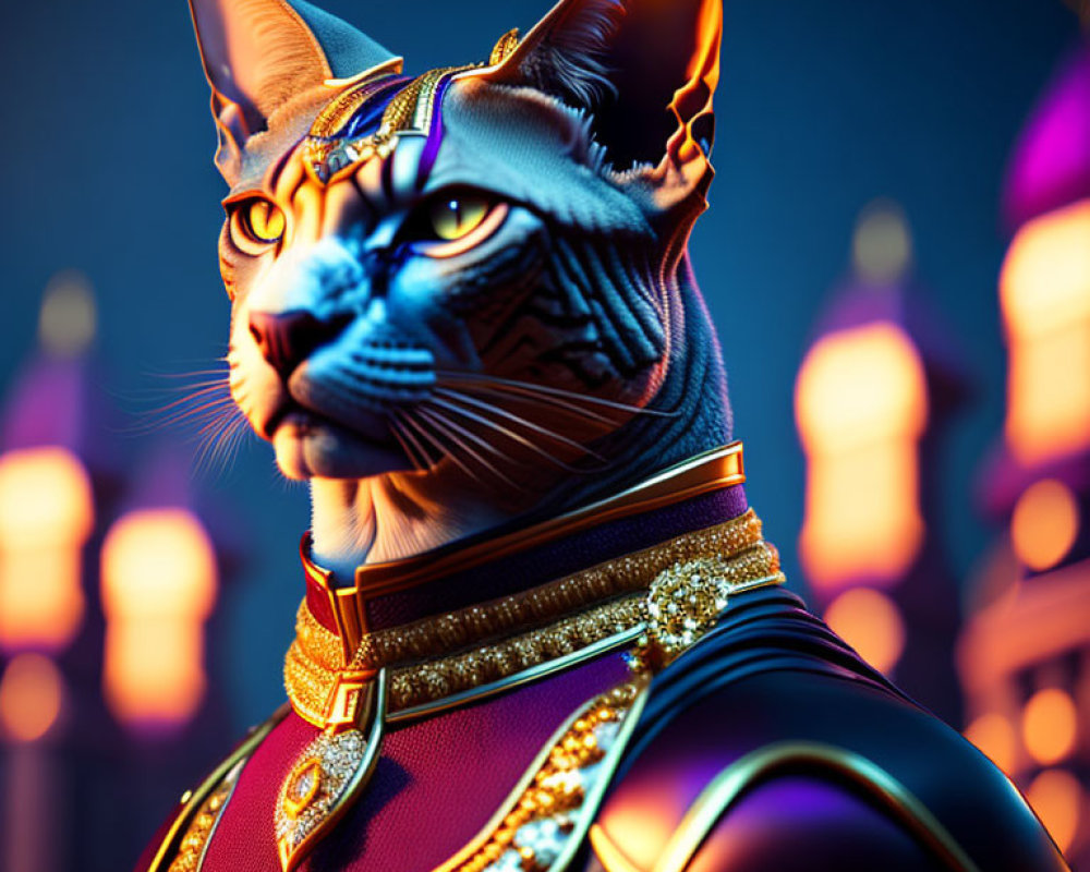 Majestic cat in regal attire with golden collar against fantasy backdrop