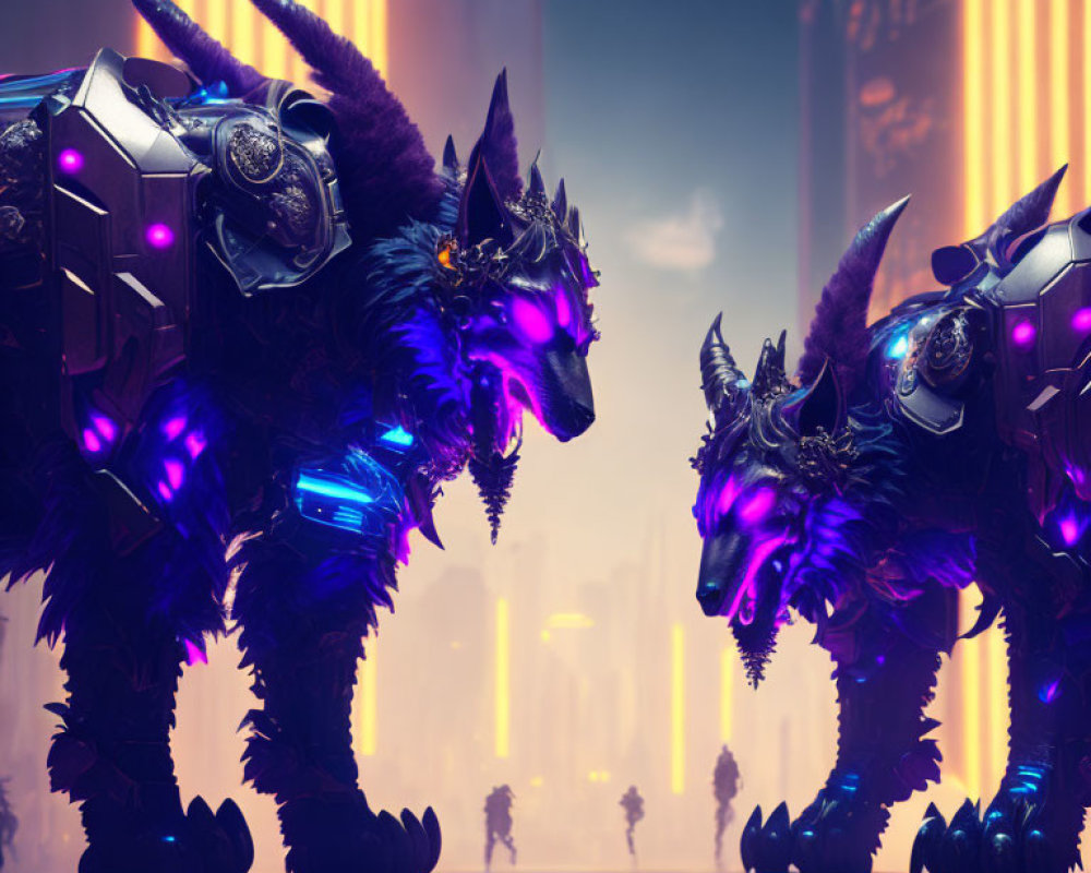 Futuristic robotic wolves with glowing purple elements in neon-lit cityscape