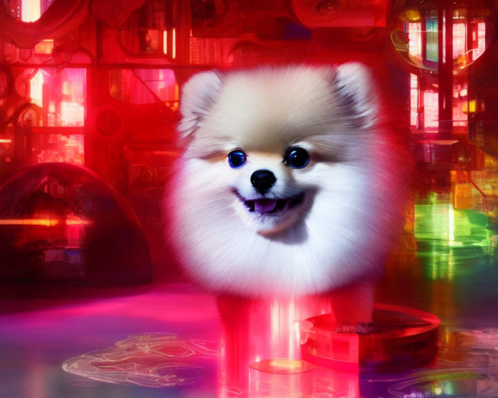 Fluffy Pomeranian Dog in Neon Cyberpunk Setting