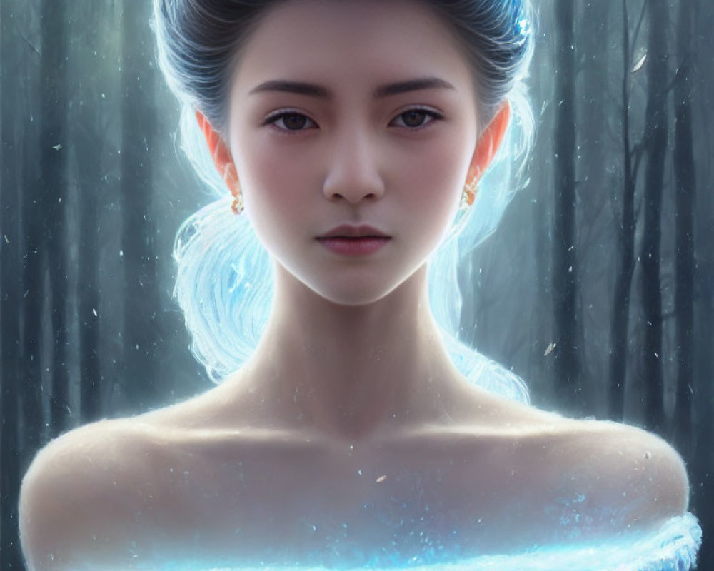 Digital portrait of young woman with ethereal glow in snowy forest.