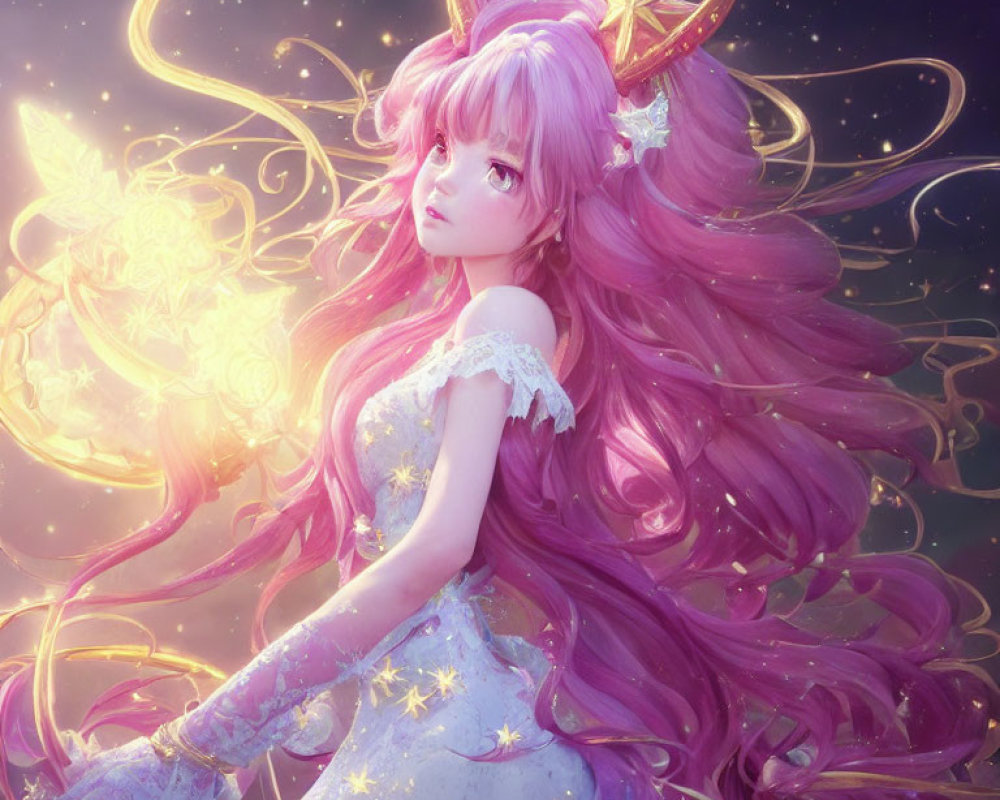 Anime-style girl with long pink hair in starry dress and glowing staff on cosmic background