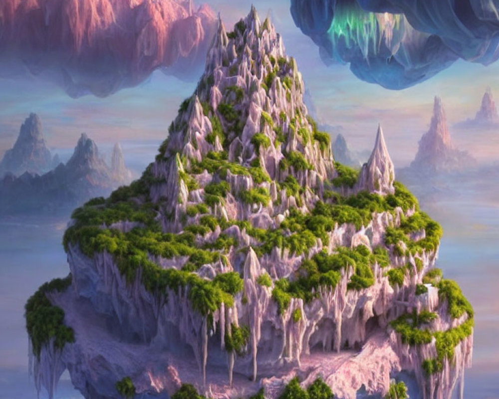 Lush greenery on floating island under purple sky