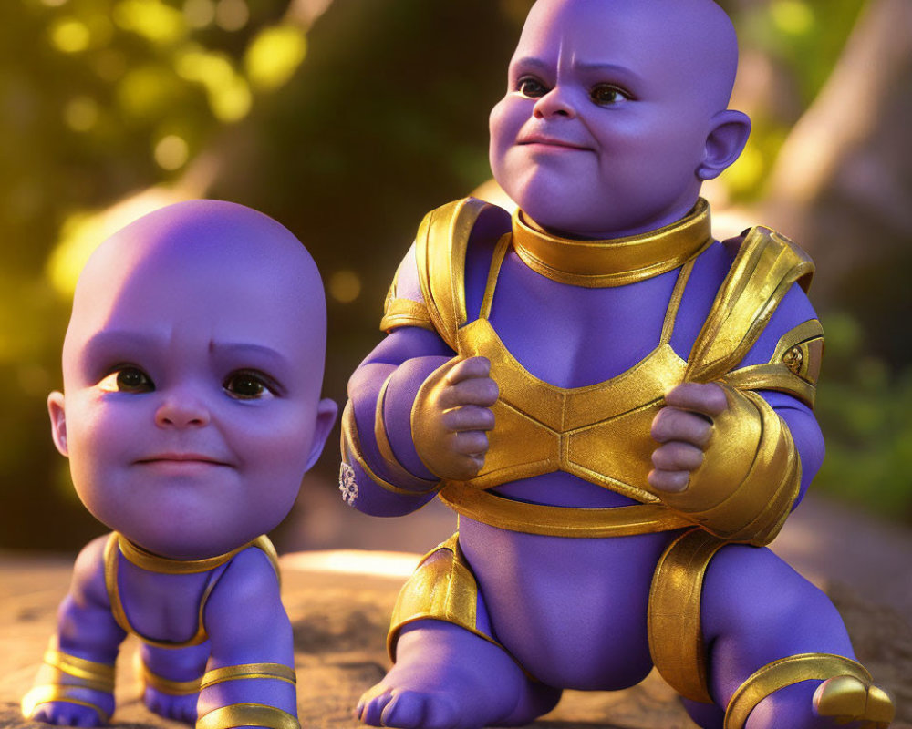 Purple-skinned animated babies in golden superhero outfits in sunlit forest pose