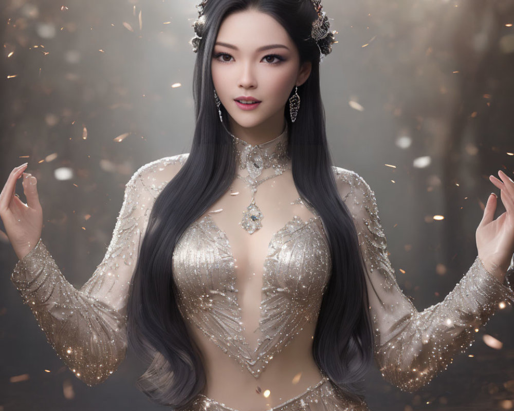 Long-haired woman in embellished gown surrounded by golden particles