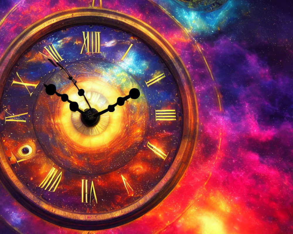 Ornate clock with Roman numerals on cosmic background of galaxies and nebulae