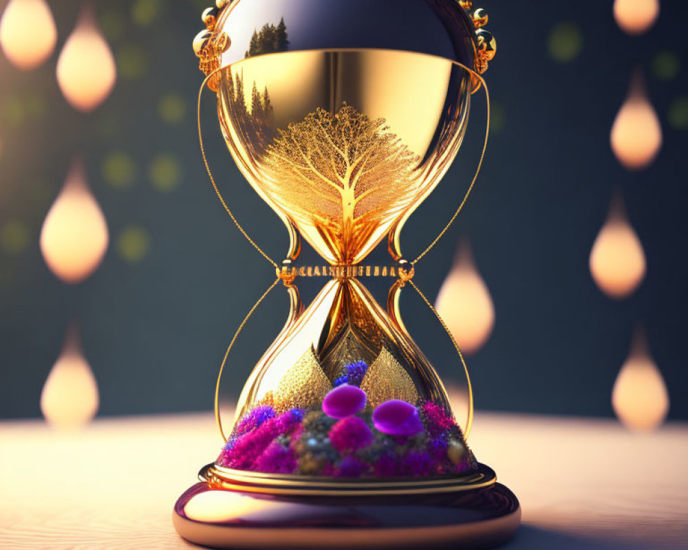 Ornate hourglass with tree, spheres, and purple flowers in dusk setting