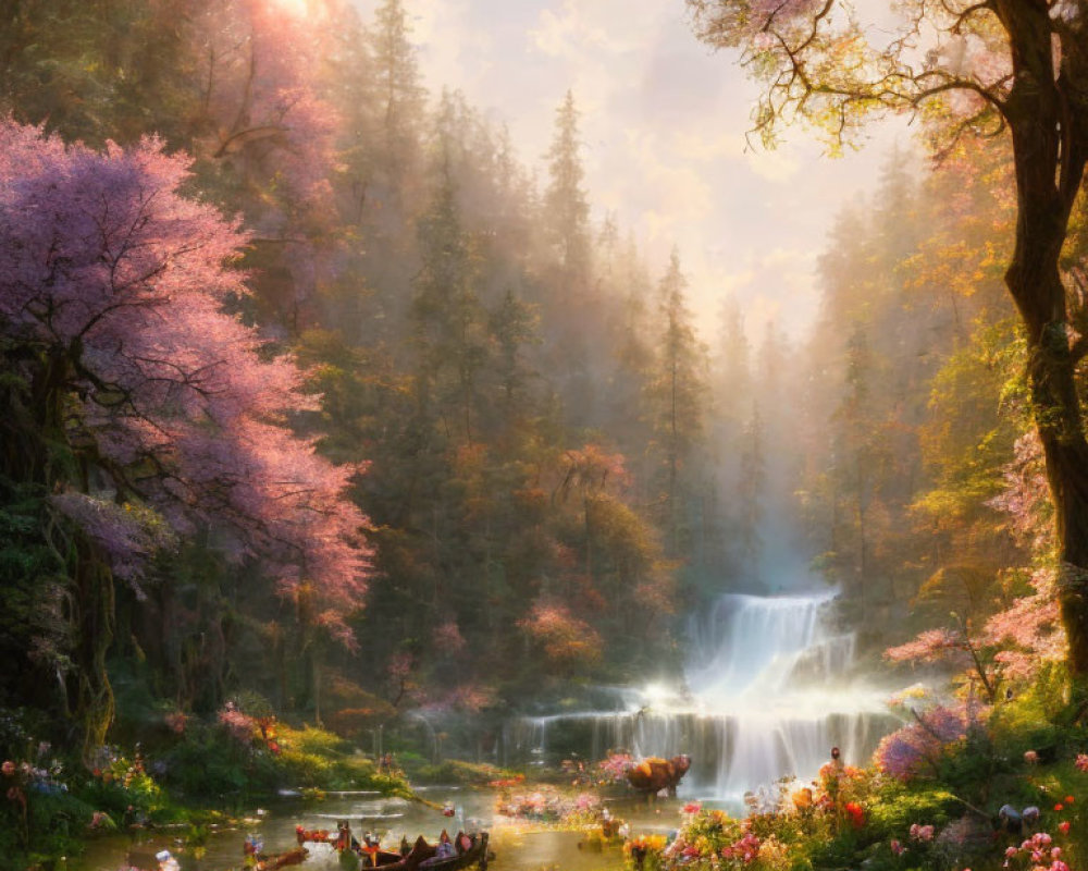 Tranquil waterfall in lush forest with pink trees, river boats, and colorful flowers