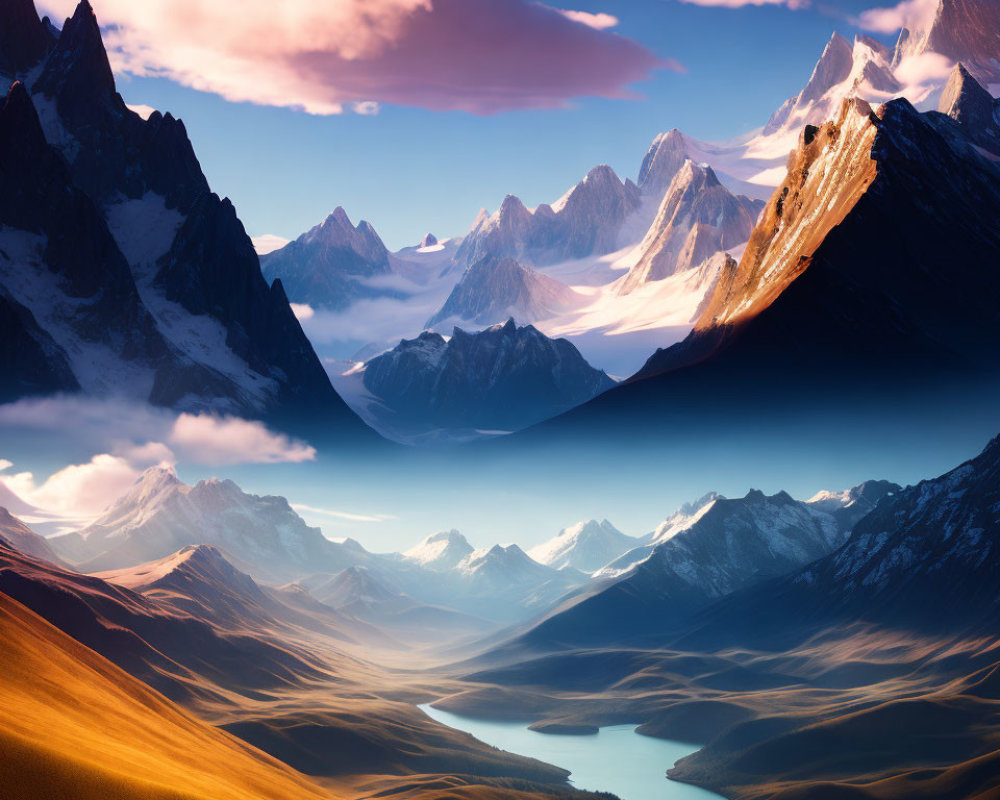 Majestic mountain landscape with sharp peaks, winding river, and vibrant sunset hues