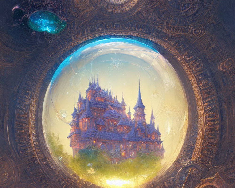 Enchanting castle in luminous bubble with mystical surroundings