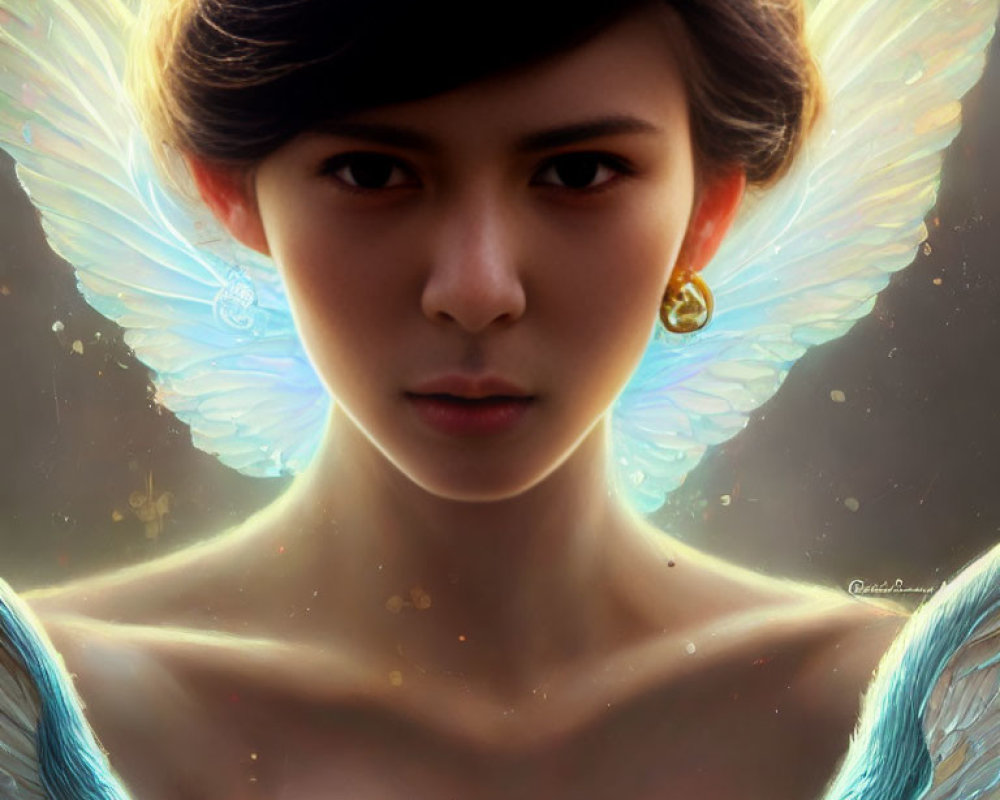 Digital portrait of woman with butterfly wings and warm lighting